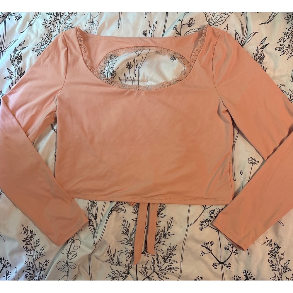 NEW Wild Fable Peach Long Sleeve Lace Trim Open Back Tie Crop Top, Size Large